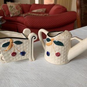 Vintage Occupied Japan set Wheel Barrow Watering Can Mini Planter Succulent
